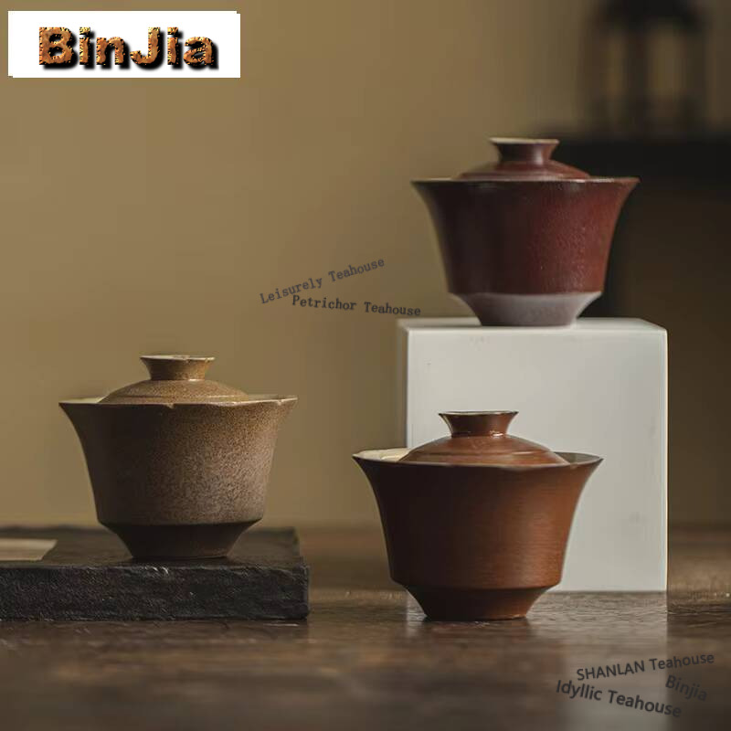 Vintage Collectible Pottery - 140ml buatan tangan tembikar kasar penutup